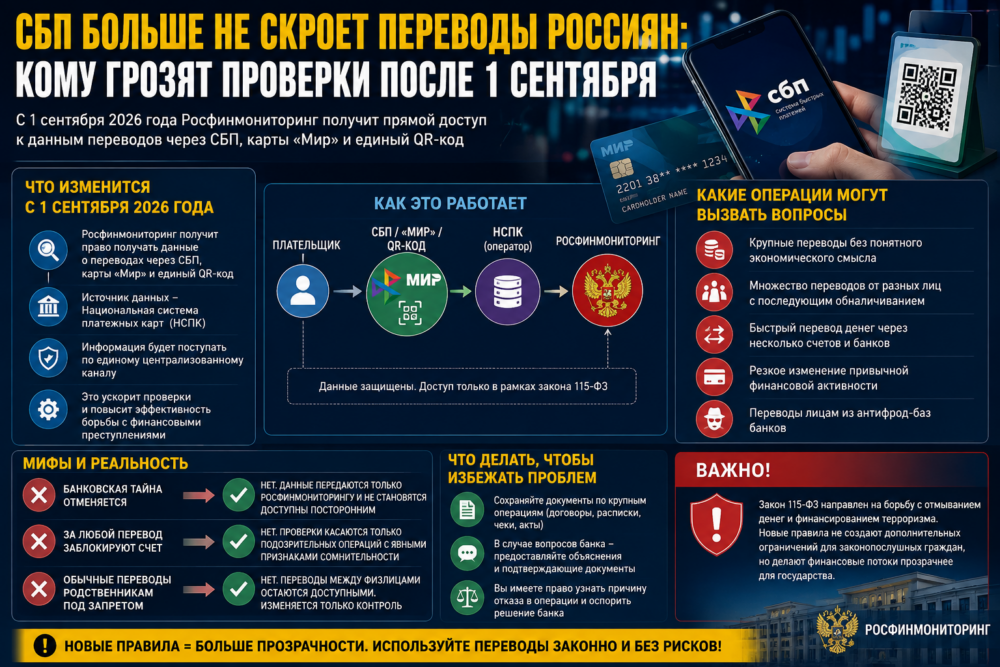 Схема контроля переводов через СБП и карты «Мир» после вступления новых правил с 1 сентября 2026 года