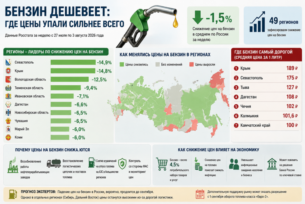 Снижение цен на бензин в регионах России