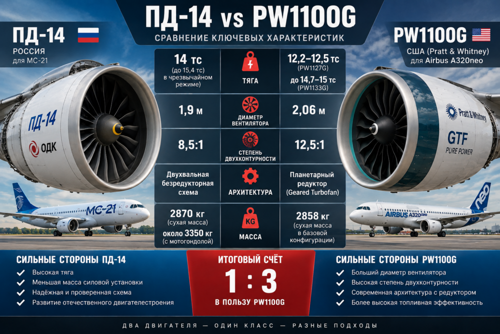 Инфографика сравнение ПД-14 и PW1100G по тяге вентилятору массе и архитектуре