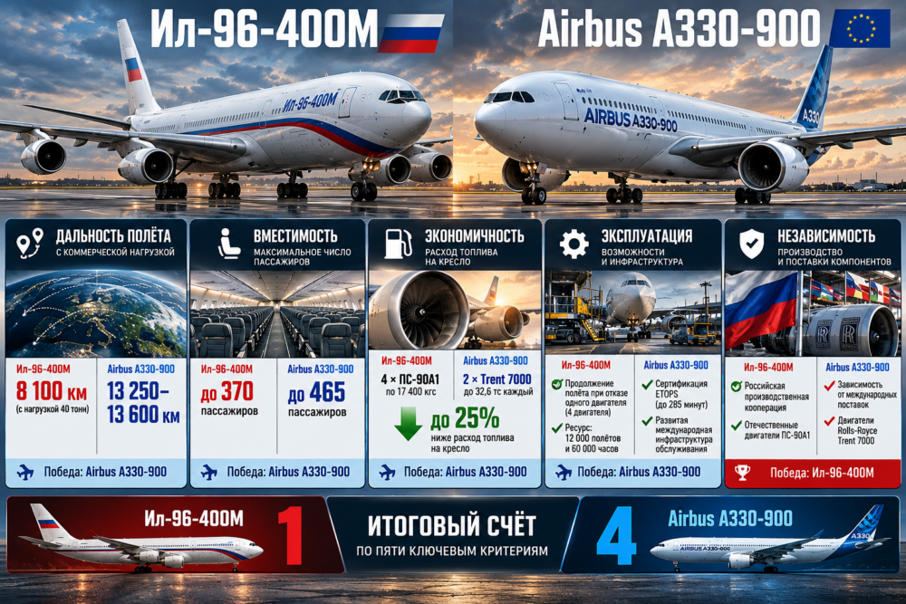 Инфографика сравнения Ил-96-400М и Airbus A330-900 по пяти ключевым характеристикам