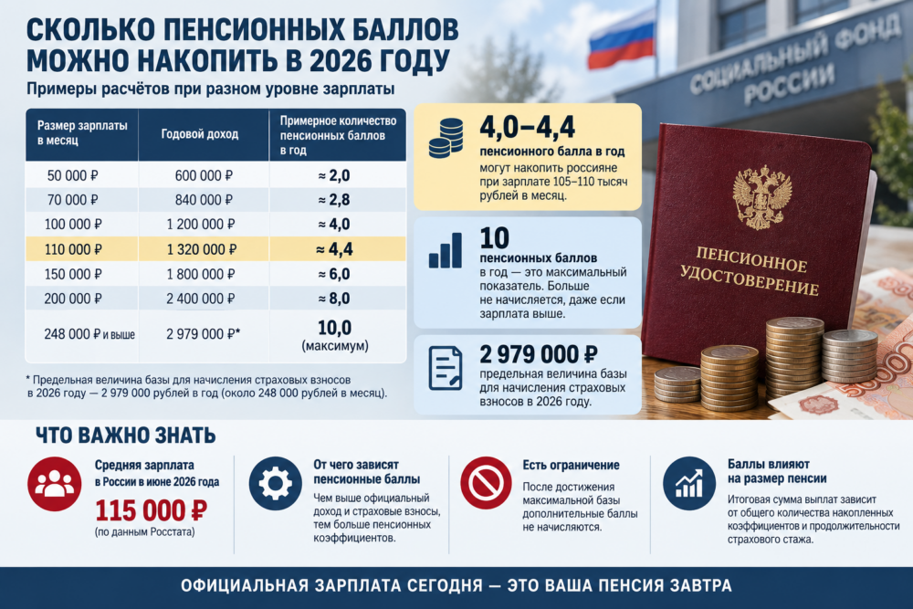Сколько пенсионных баллов можно накопить в 2026 году при разной зарплате