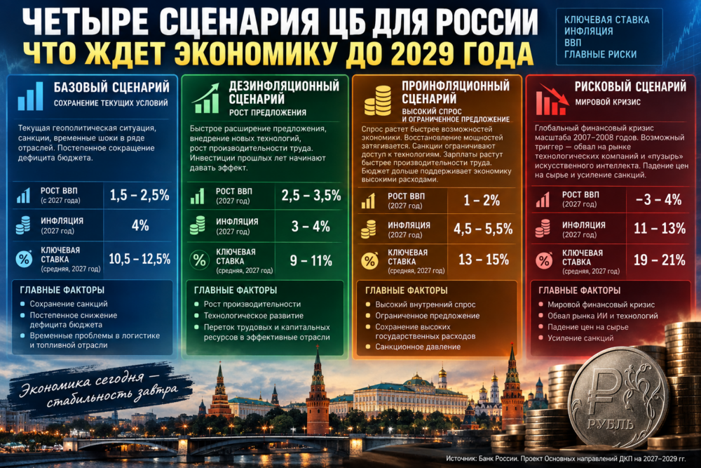 Четыре сценария ЦБ России до 2029 года по инфляции, ВВП и ключевой ставке