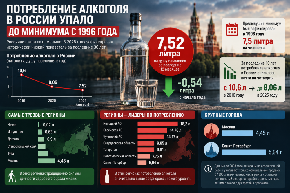 Инфографика показывает рекордное снижение потребления алкоголя в России до 7,52 литра на человека и сравнение показателей регионов