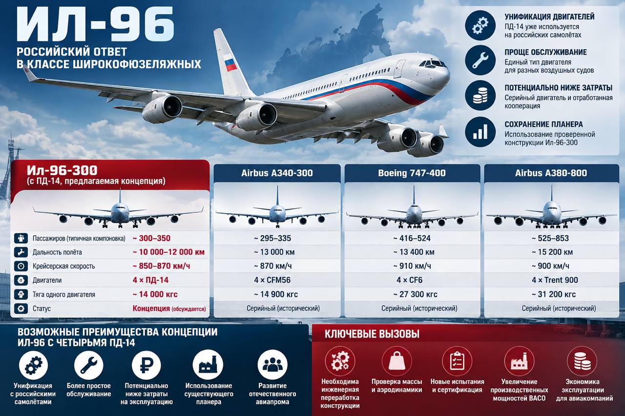 Ил-96 с четырьмя двигателями ПД-14 — сравнение российского широкофюзеляжного самолёта с Airbus A340, Boeing 747 и Airbus A380