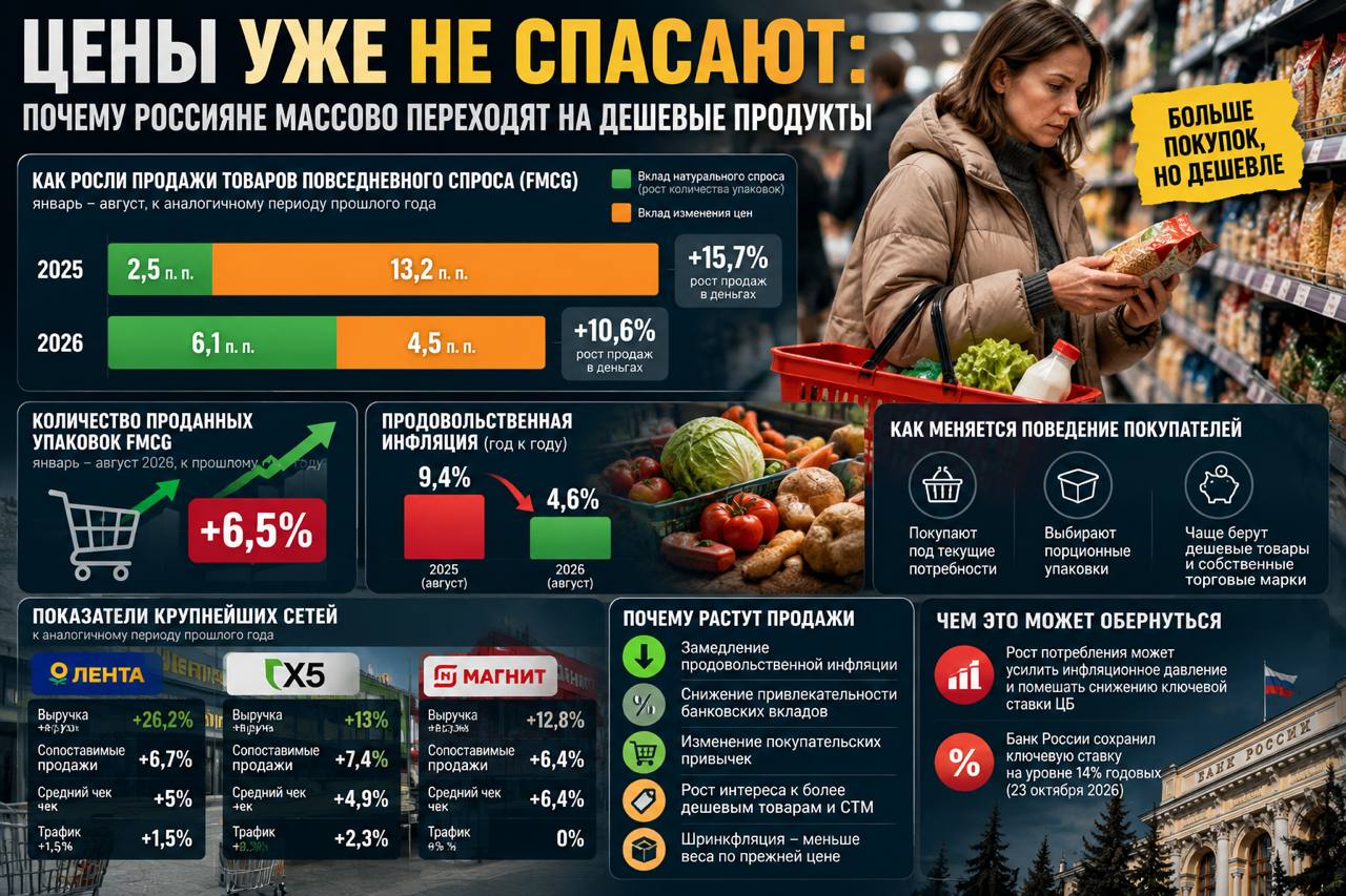 Рост продаж товаров повседневного спроса в России, переход покупателей на дешевые продукты и динамика продовольственной инфляции в 2026 году