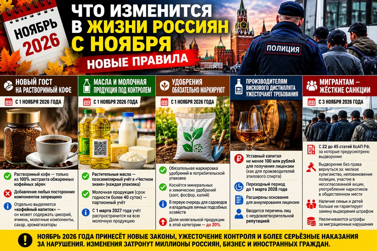 Изменения в России с ноября 2026 года — новые правила маркировки продуктов, требования к производителям и ужесточение миграционных санкций